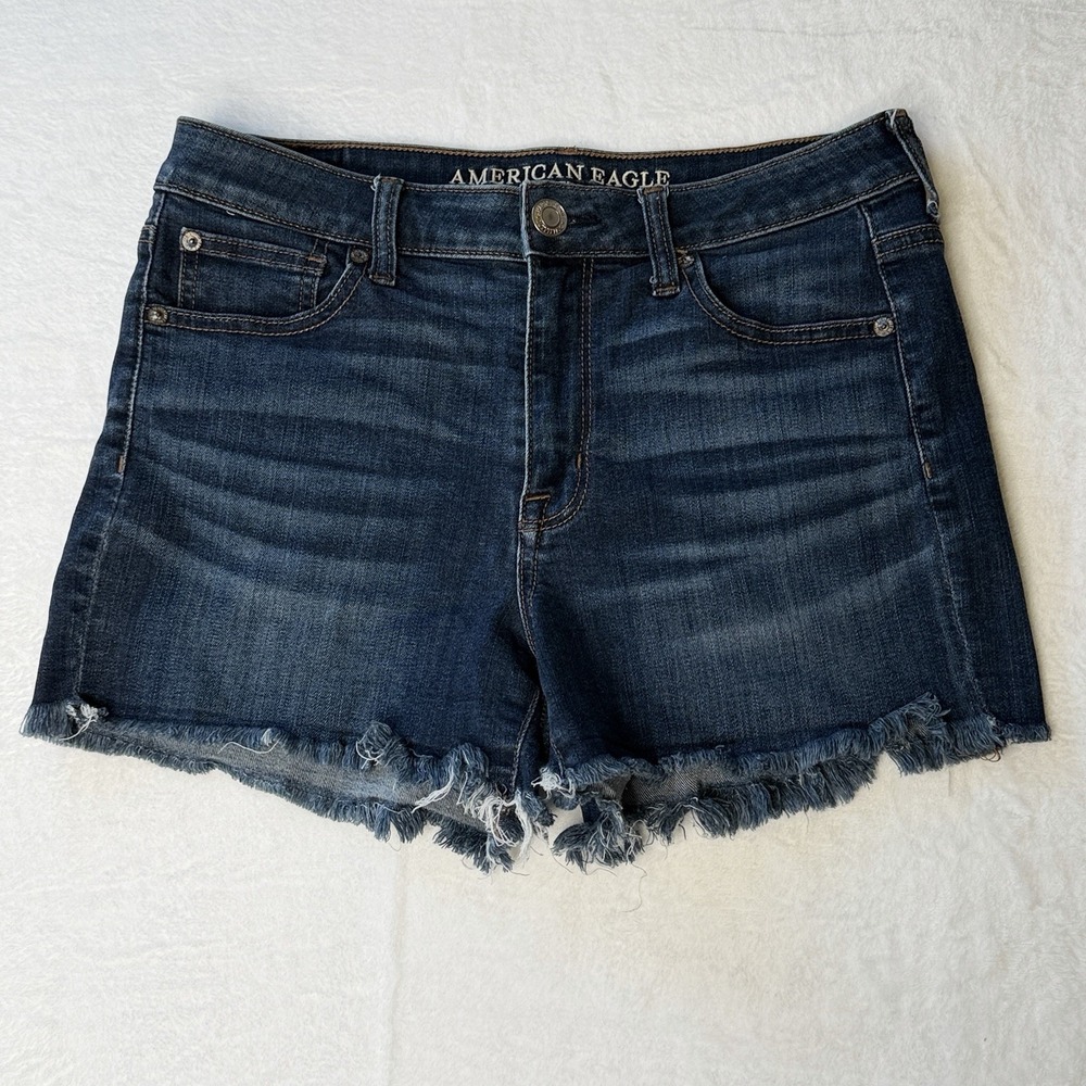 American Eagle Hi Rise Shortie Denim Shorts Womens 8 Frayed Raw Hem Stretch